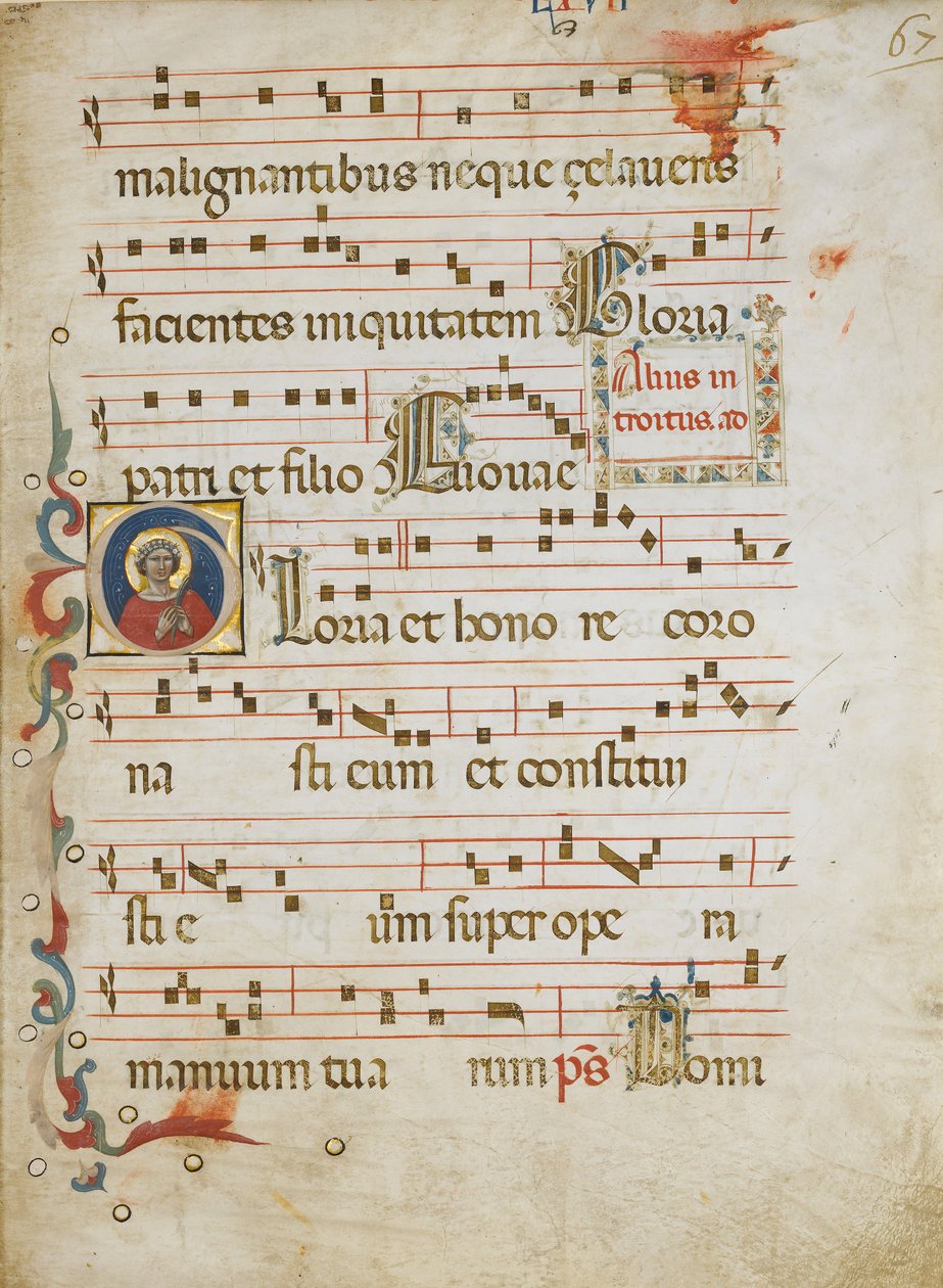 Kéziratos levél egy női szenttel, valószínűleg Dorothyval, G-ben, egy Graduálból, kb. 1330-40. alkotó: Unbekannt