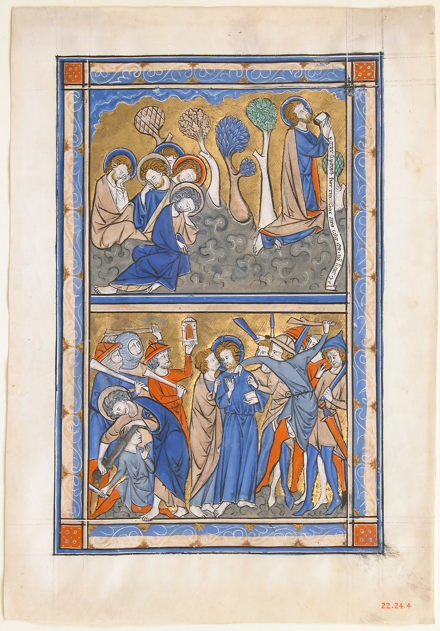 Kéziratos levél az agóniával a kertben és Krisztus árulásával, egy királyi zsoltárból, kb. 1270. alkotó: Unbekannt