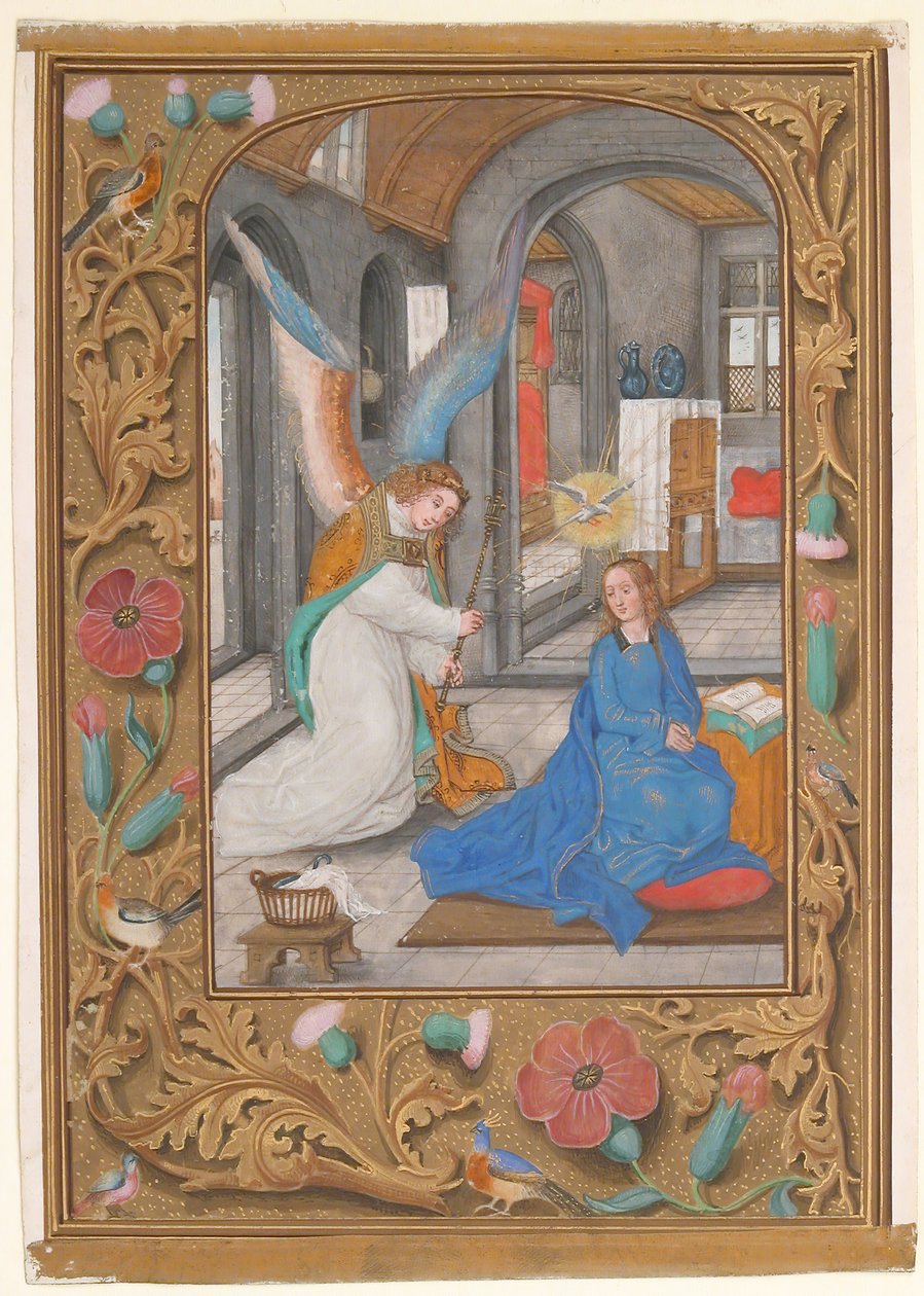 Kéziratos levél az Angyali üdvözlettel, egy Órakönyvből, kb. 1500-1525. alkotó: Unbekannt