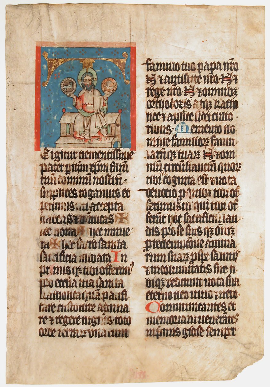 Kéziratos levél a Szentháromsággal T betűvel, egy misekönyvből, kb. 1390. alkotó: Unbekannt