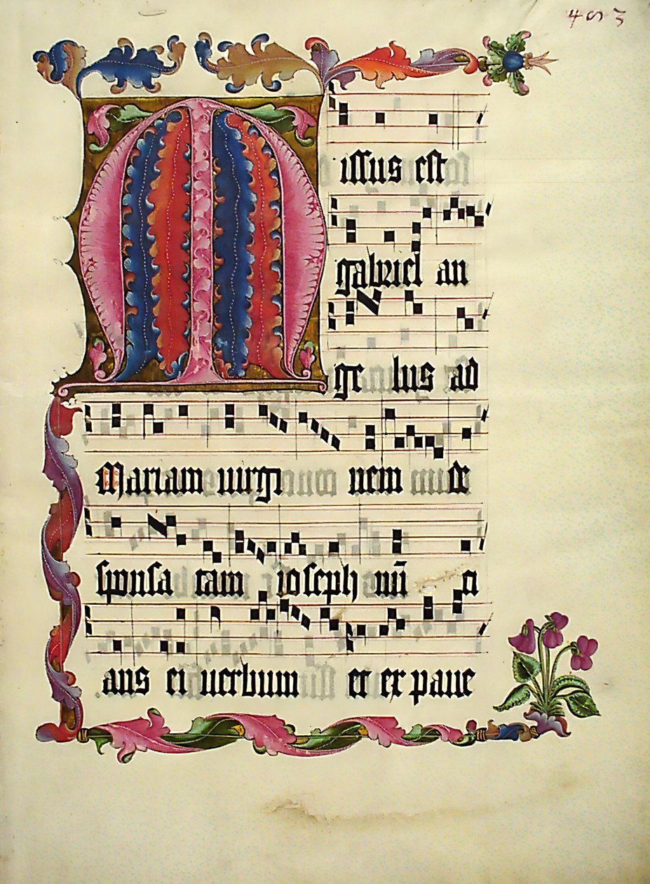 Kéziratos levél M betűvel, egy antifóniából, német, kb. 1425-50. alkotó: Unbekannt