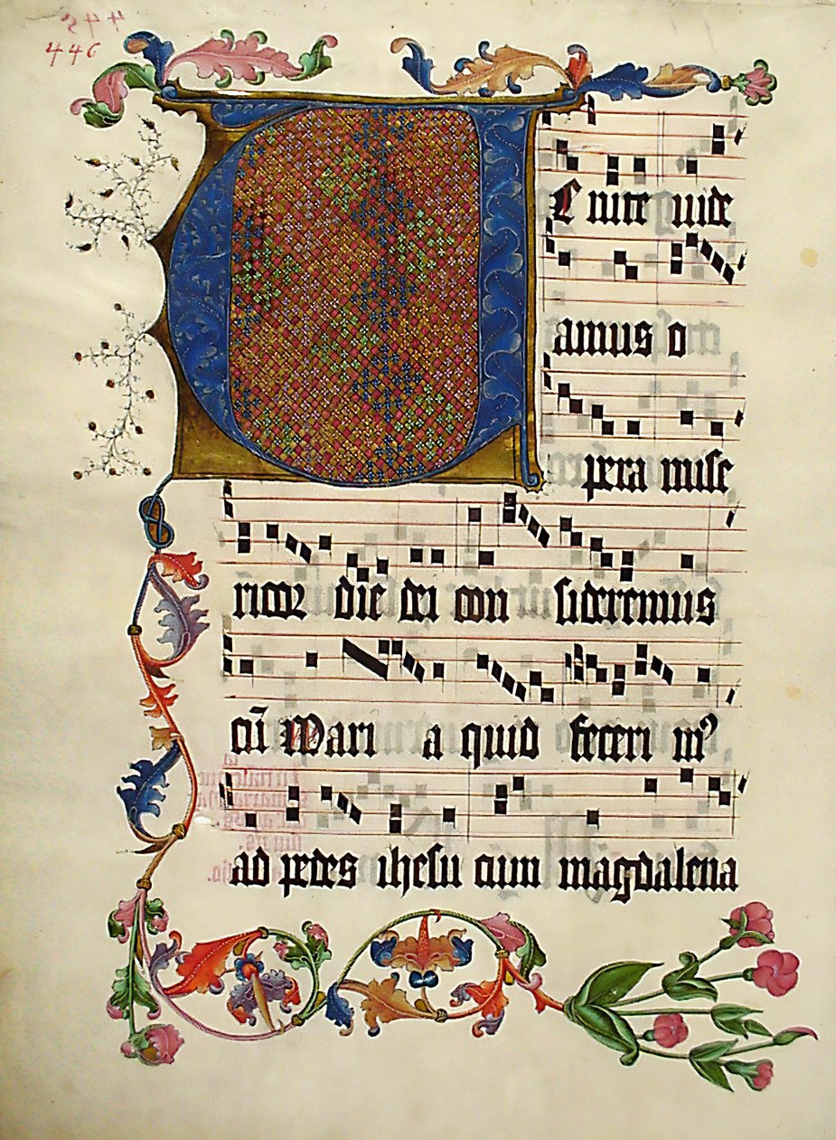 Kéziratos levél V kezdőbetűvel, egy antifóniából, német, kb. 1425-50. alkotó: Unbekannt