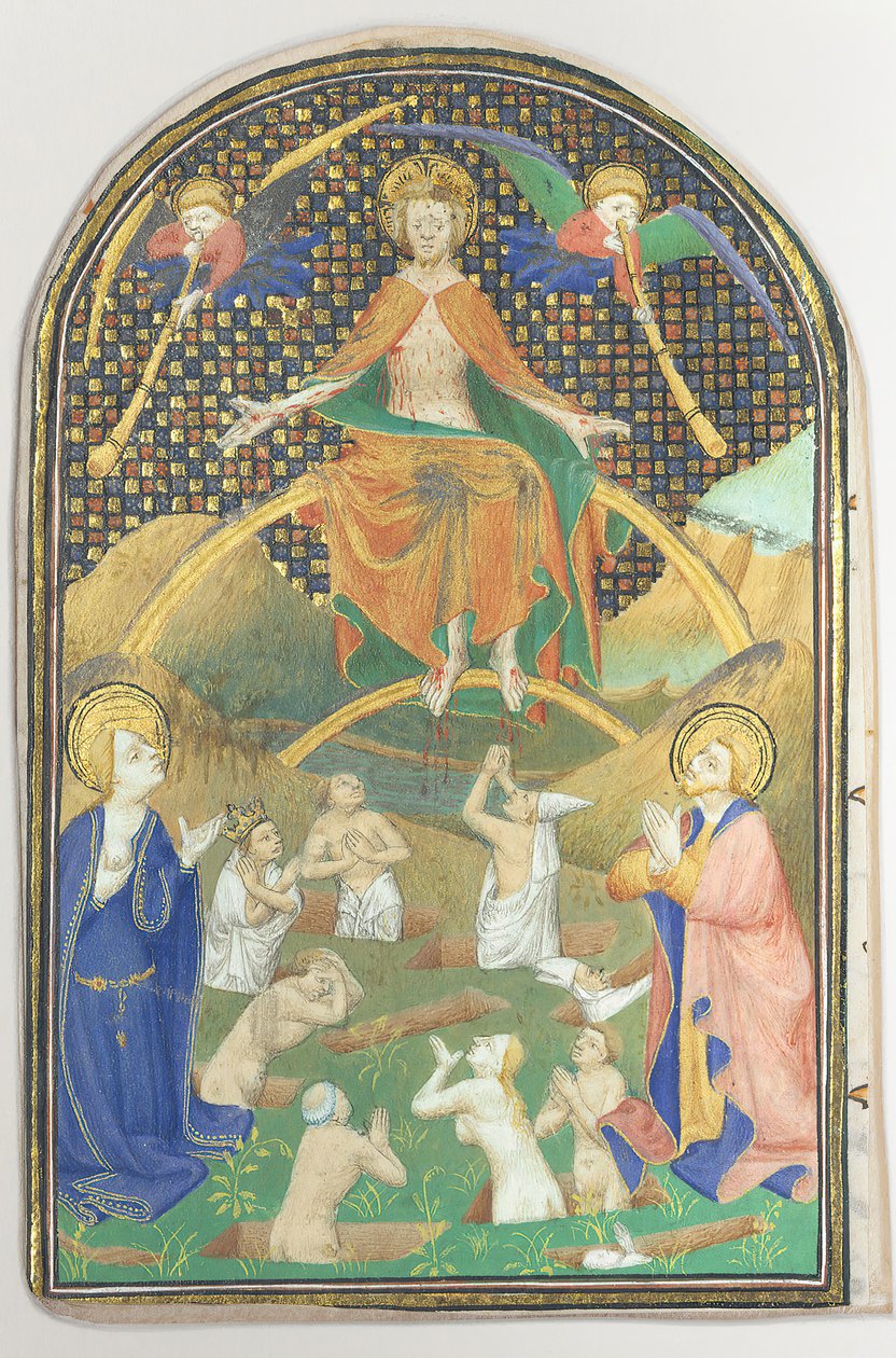Kéziratos levél az utolsó ítélettel, egy órakönyvből, francia, kb. 1400. alkotó: Unbekannt