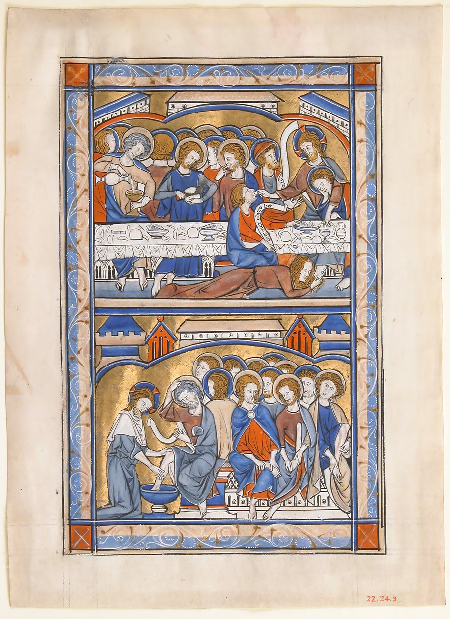 Kéziratos levél az utolsó vacsorával és az apostolok lábmosása Levél..., kb. 1250-70. alkotó: Unbekannt