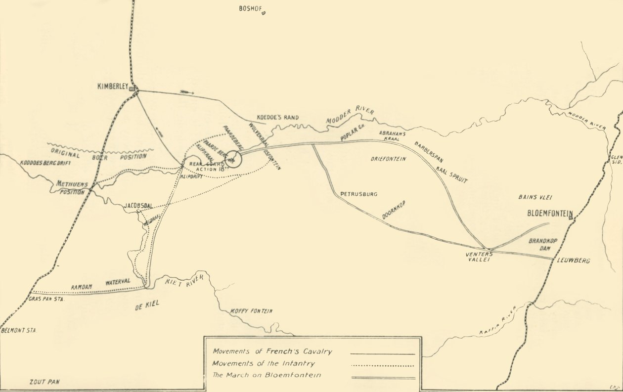 Térkép, amely a Kimberley felmentésére és Bloemfontein elfoglalására irányuló mozgalmakat illusztrálja, 1901. alkotó: Unbekannt