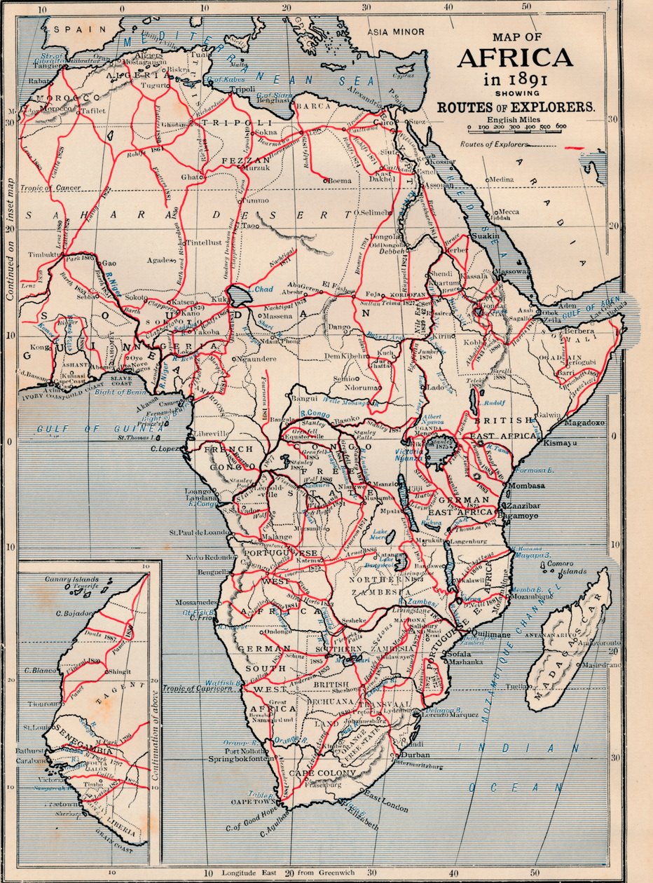 Afrika térképe 1891-ben, amelyen a felfedezők útvonalai láthatók alkotó: Unbekannt