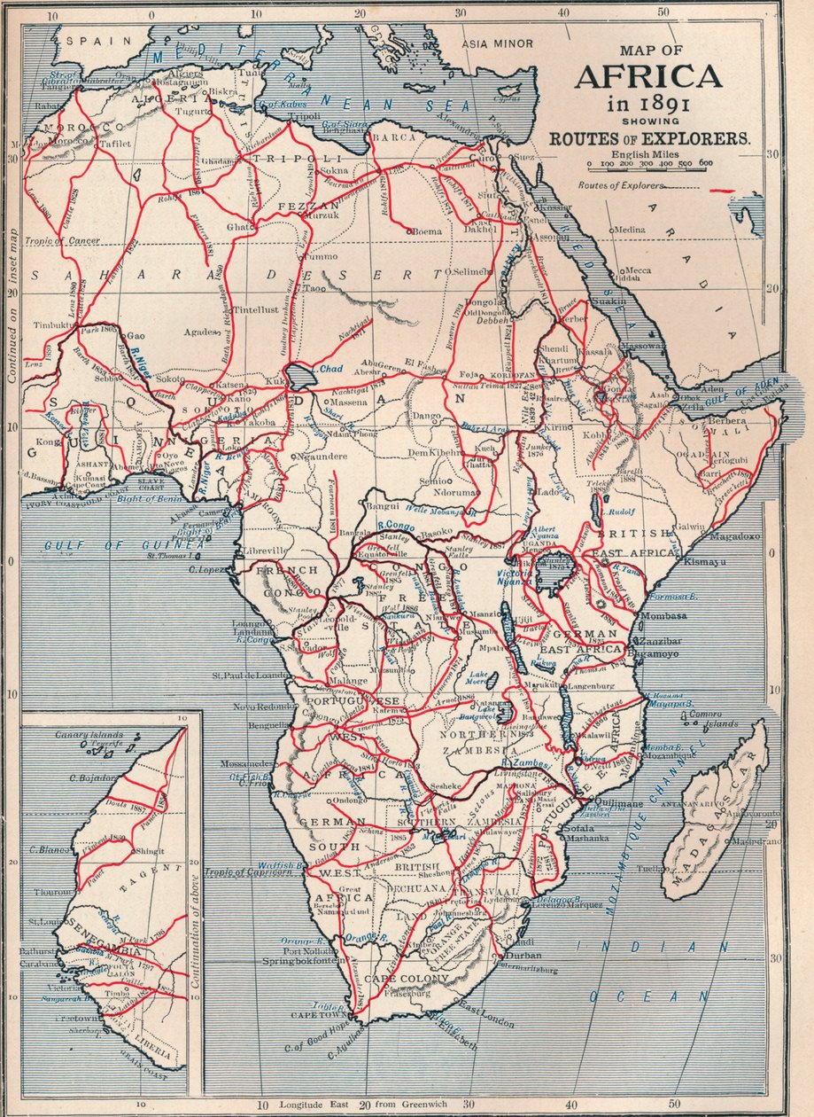 Afrika térképe 1891-ben, amelyen a felfedezők útvonalai láthatók, 1906 alkotó: Unbekannt