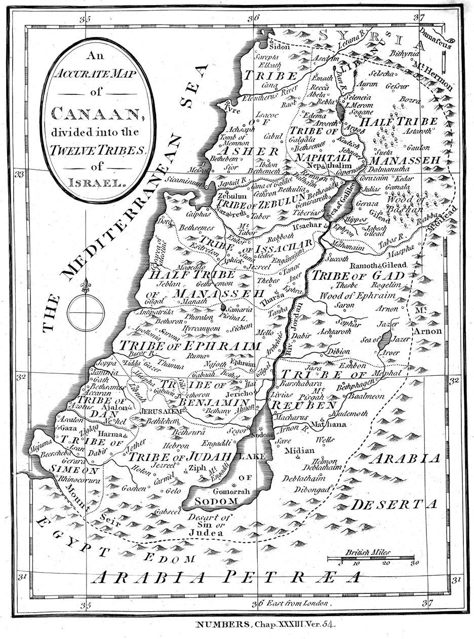 Kánaán térképe Izrael tizenkét törzsére osztva, 1830 körül alkotó: Unbekannt