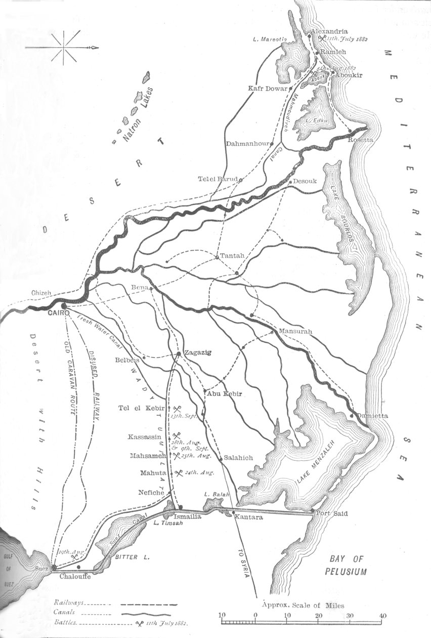 A Nílus-delta térképe, Stratégiai pontok az egyiptomi hadjáratban, 1882, c1882-85 alkotó: Unbekannt