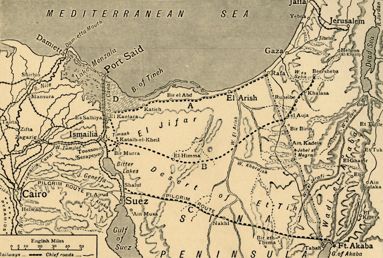 A Szuezi-csatorna török támadásának térképe, Egyiptom, első világháború, 1915, 1920 c. alkotó: Unbekannt