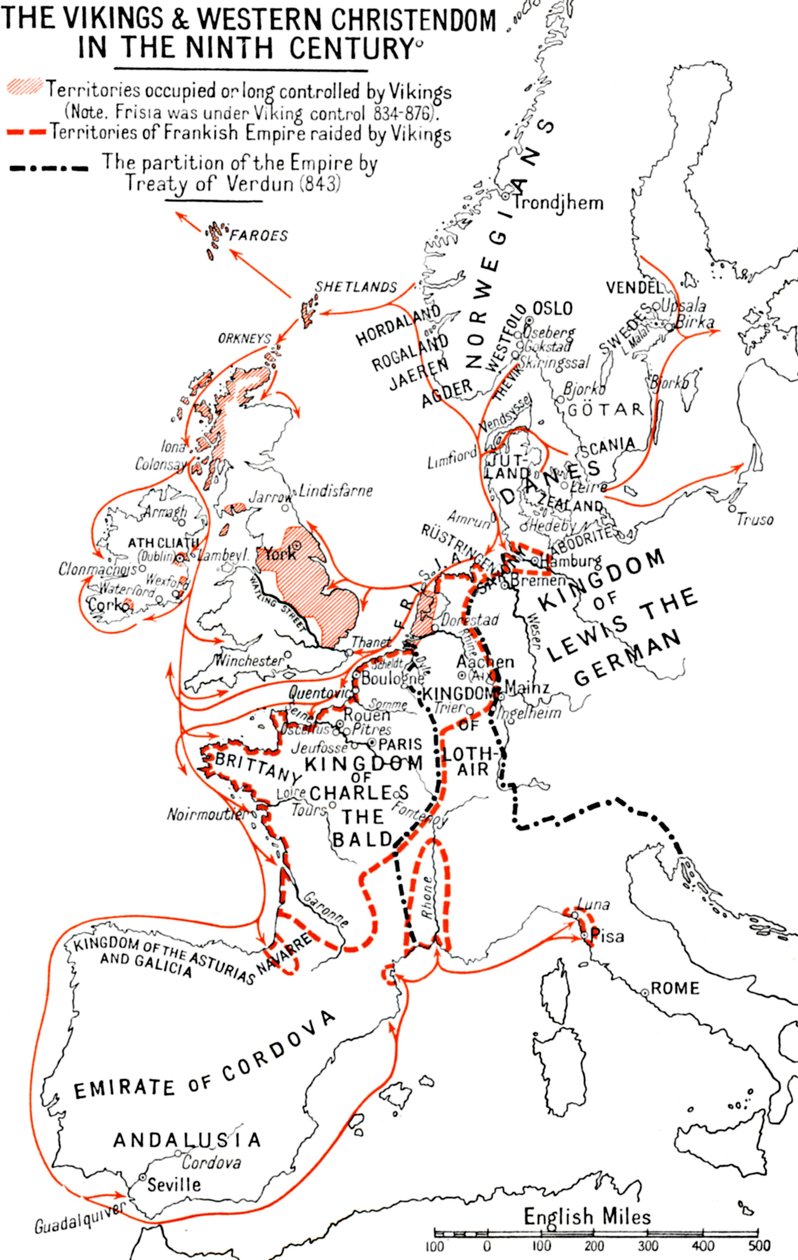 A vikingek és a nyugati kereszténység térképe a kilencedik században, 1935 alkotó: Unbekannt
