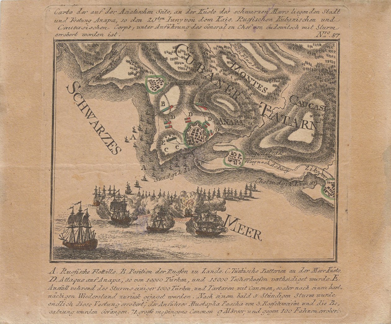 Az Anapa tengeri erőd orosz csapatok által a Fekete-tengeren 1791 júniusában 1791 júniusában történő elfoglalásának térképe. alkotó: Unbekannt