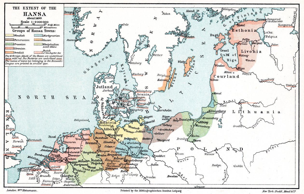 A Hanza-szövetség kiterjedésének térképe 1400 körül alkotó: Unbekannt