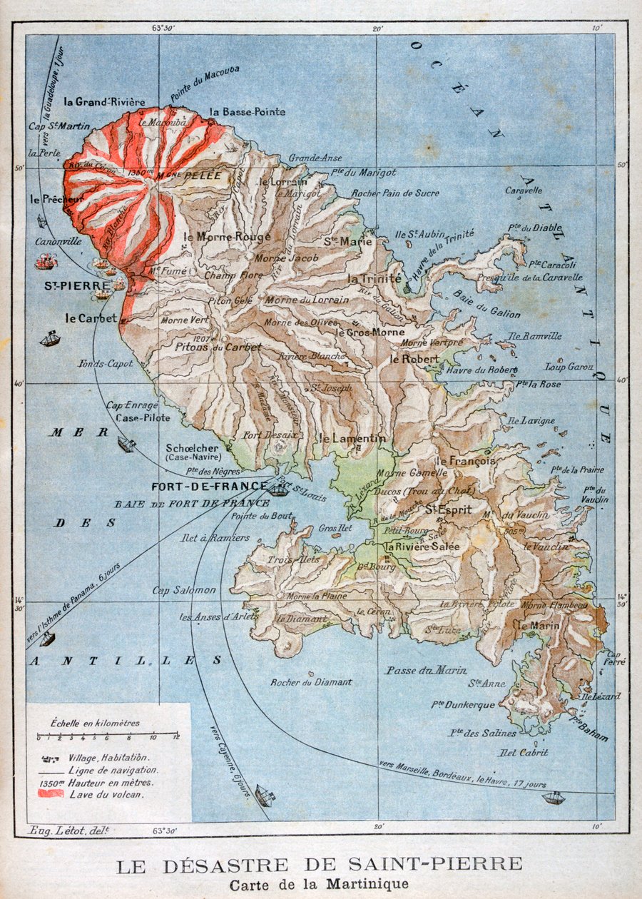 Térkép a Mount Pelee kitörését, Martinique, 1902 alkotó: Unbekannt