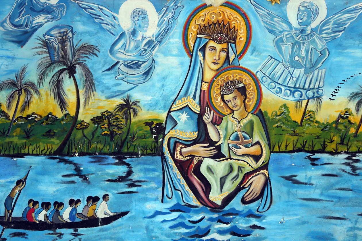 Mária-szentély, a Togo-tó Miasszonya. A togói tó Szűzanya. Falfestés. Menni alkotó: Unbekannt
