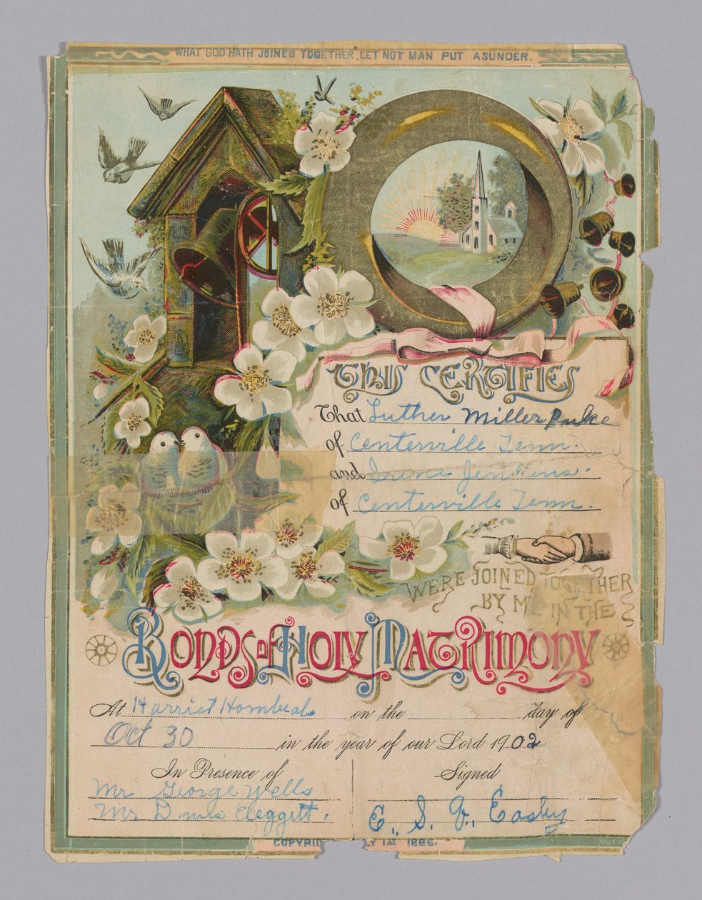 Luther Miller Pulce és Irene Jenkins házassági anyakönyvi kivonata, 1902. október 30. alkotó: Unbekannt