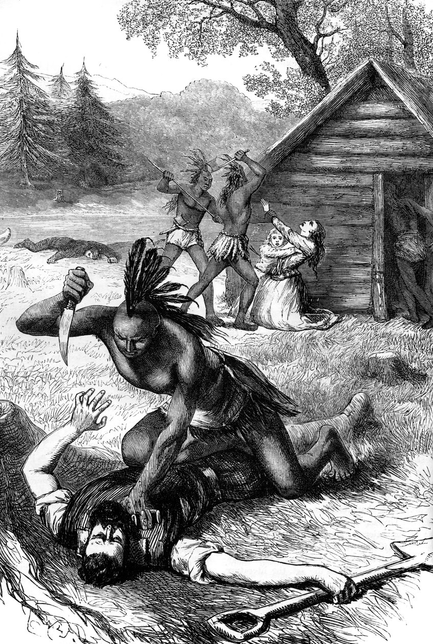 A telepesek lemészárlása indiánok által, 17. század c1880 alkotó: Unbekannt