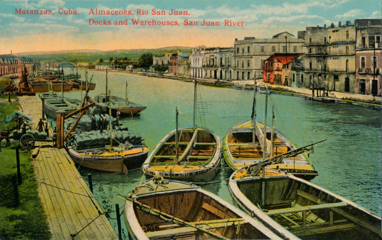 Matanzas, Kuba. Raktárak, Rio San Juan. Dokkok és raktárak, San Juan folyó, 1910 alkotó: Unbekannt