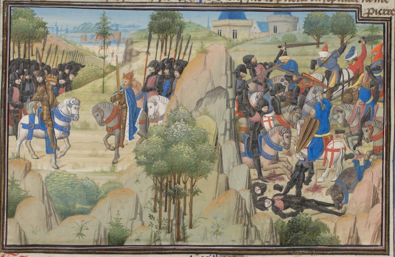 III. Konrád német és VII. Lajos francia találkozó. Türoszi Vilmos miniatúrája a Historiából, 1460-as évek alkotó: Unbekannt