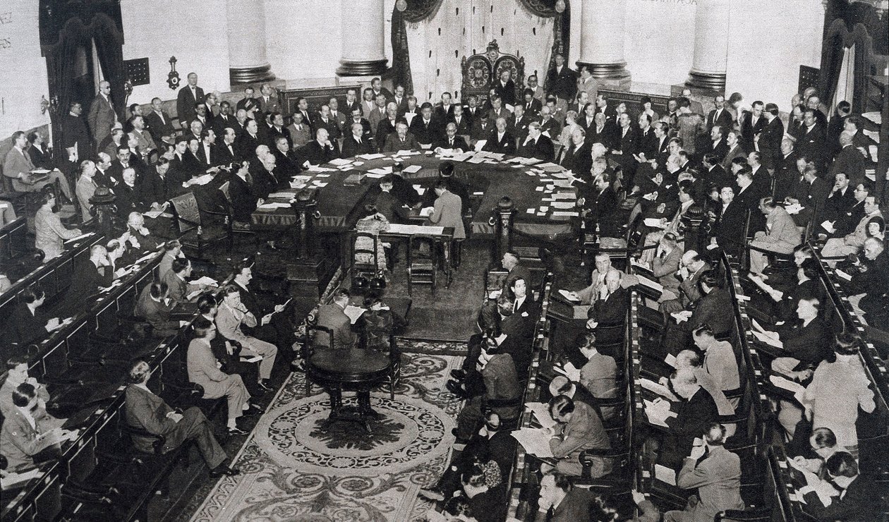 Az SDN vagy a Népszövetség találkozója 1929. 10. 06. a madridi szenátus palotájában, Spanyolországban alkotó: Unbekannt
