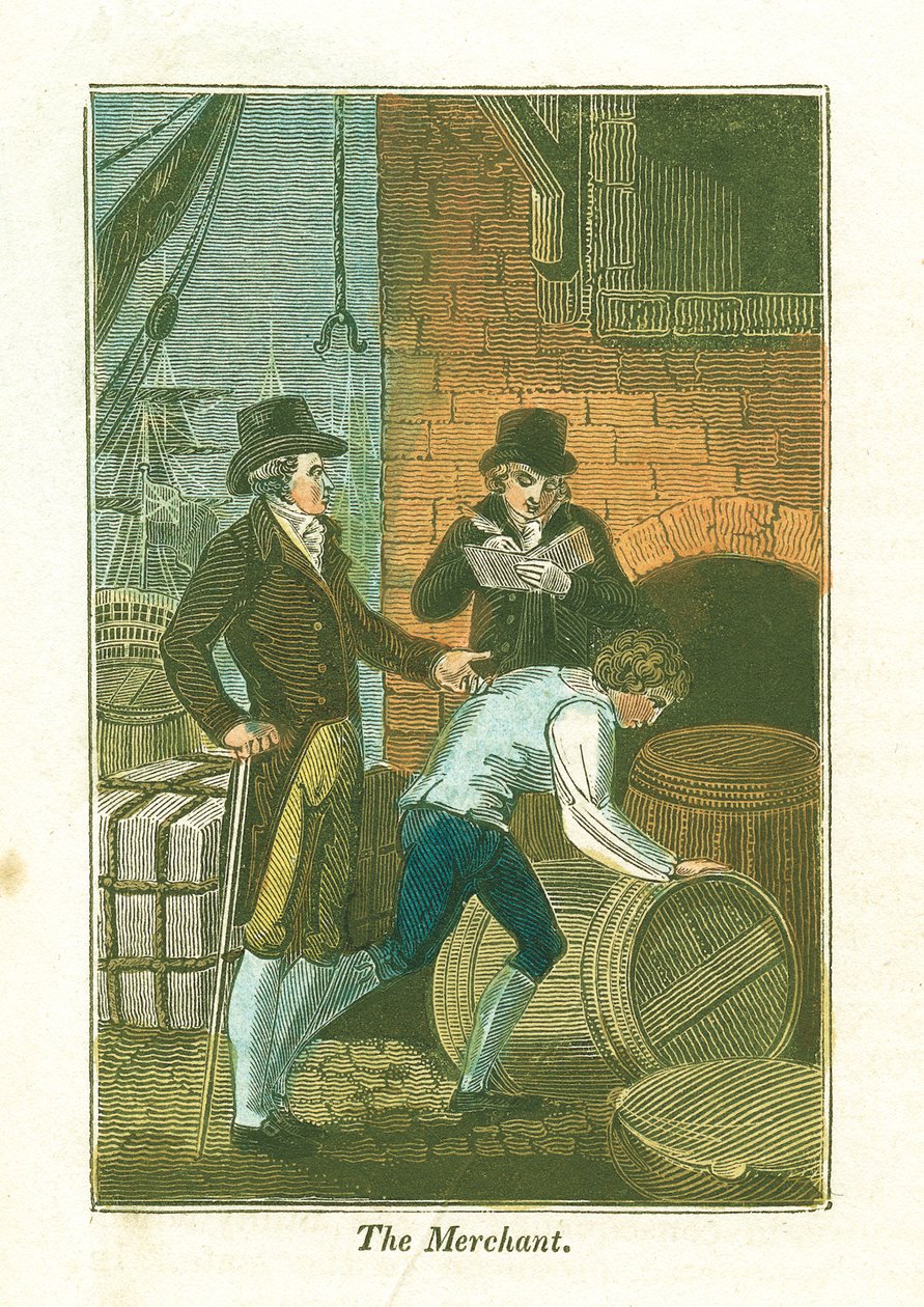 Kereskedő és tisztviselője a dokkparton árukat ellenőrzi egy raktárban, 1823 alkotó: Unbekannt