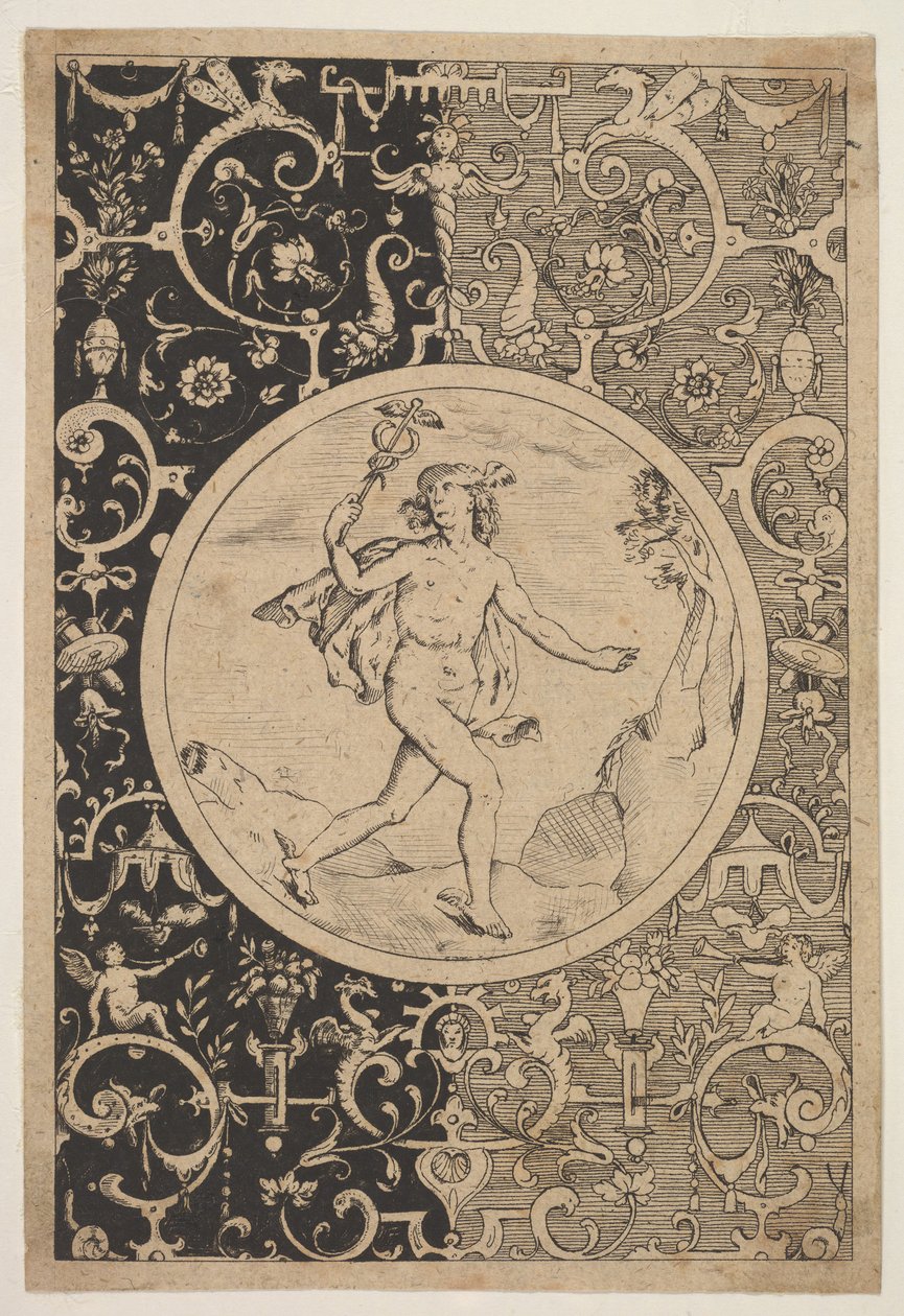 Mercury dekoratív keretben groteszkekkel, kb. 1600-1630 . alkotó: Unbekannt