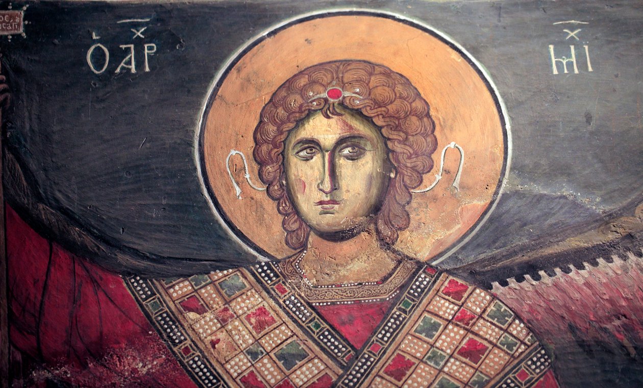 Mikael arkangyal bizánci freskó a Panagia tou Arakos templomból 12. századi Ciprus Festett templomok UNESCO-hely Troodos, Ciprus alkotó: Unbekannt