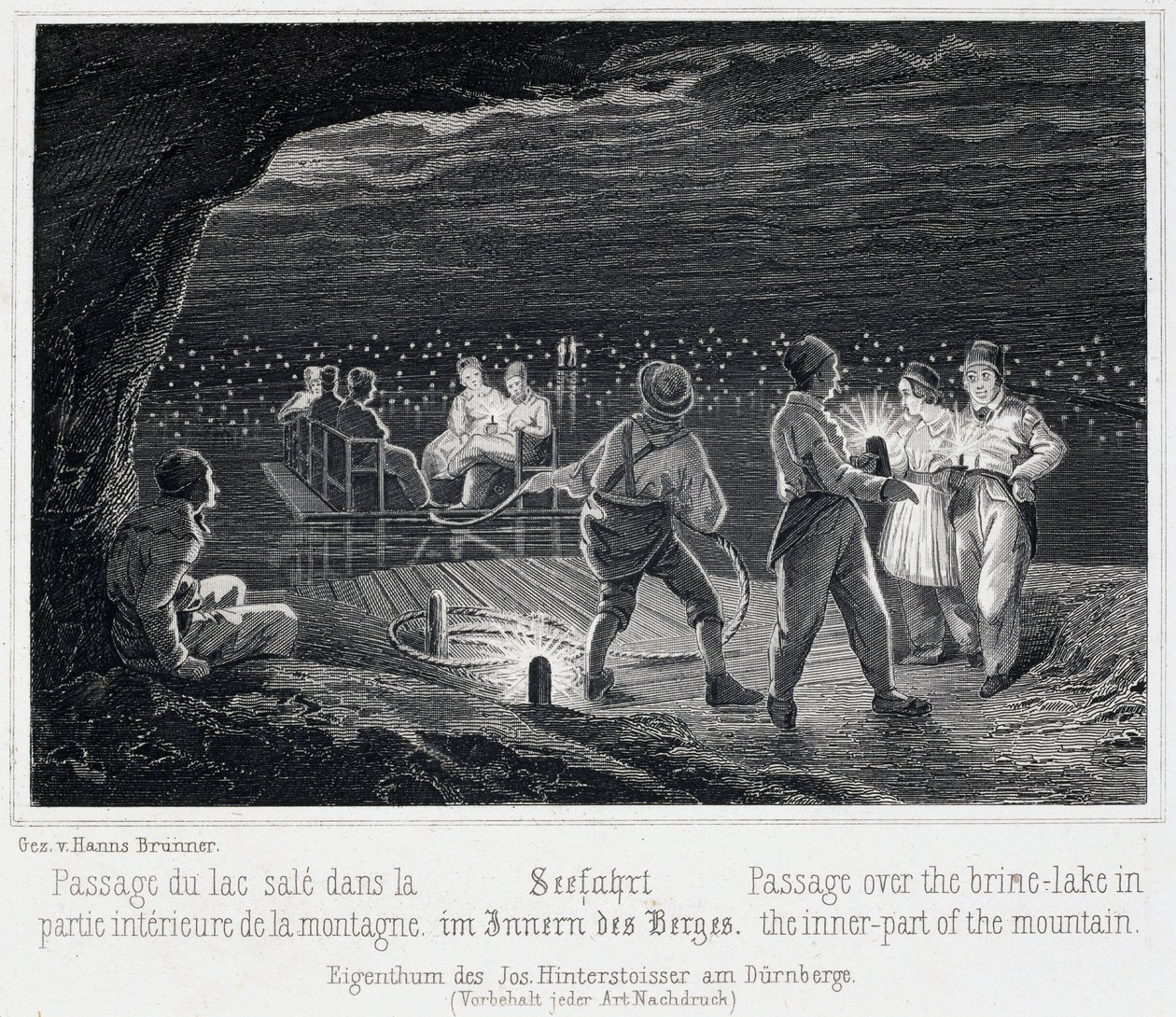 Sóbánya: a Sóstó átkelése a hegy belsejében, 1850 körül, Durrnbergben, Ausztriában alkotó: Unbekannt