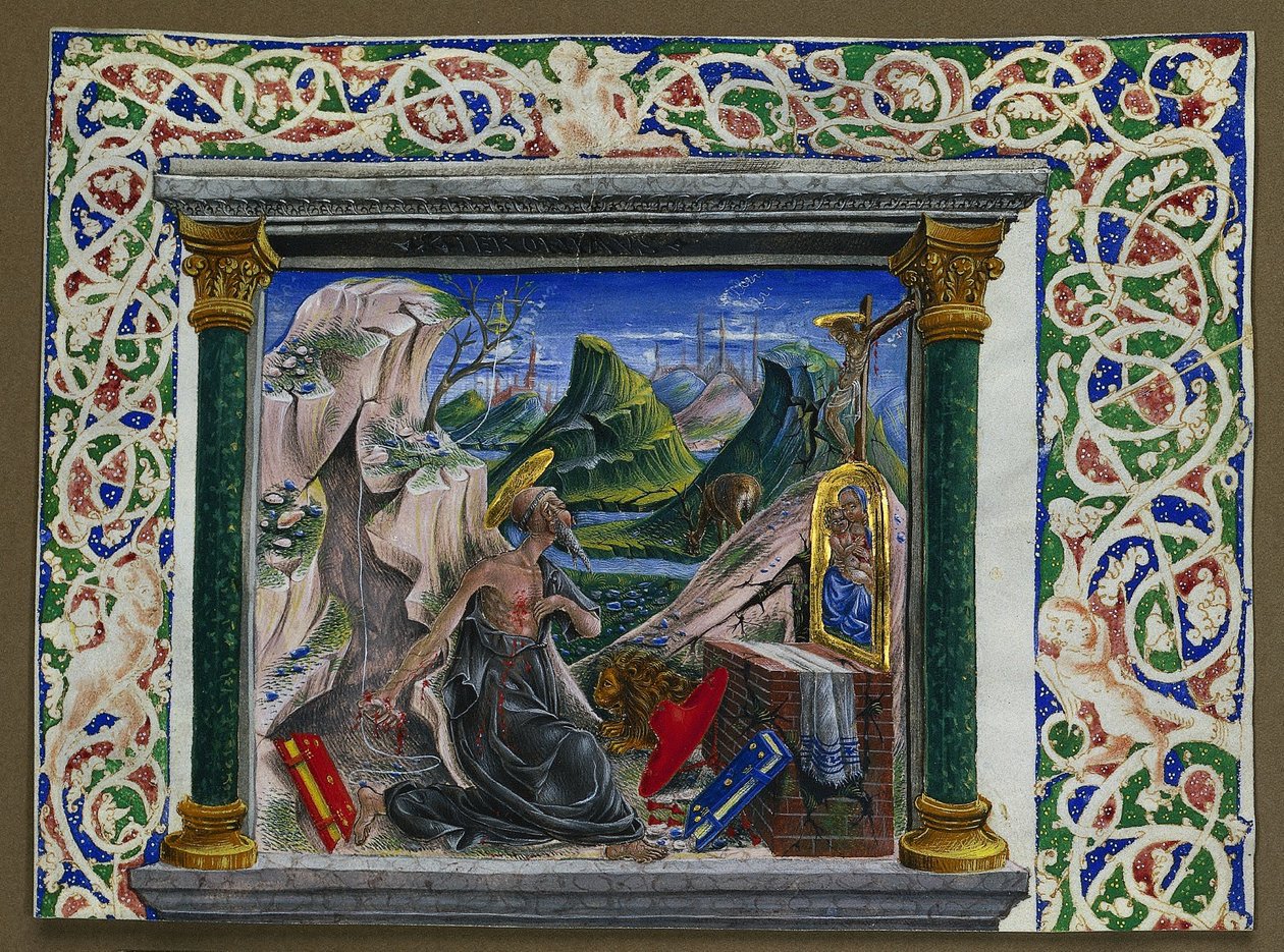Kéziratból kivágott miniatűr: Szent Jeromos a vadonban, c. 1500. alkotó: Unbekannt