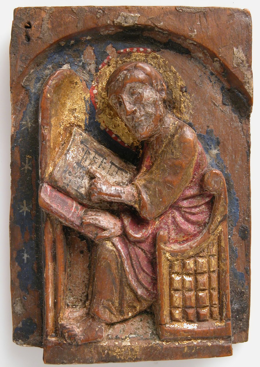 Szent Lukács miniatűr domborműve az íróasztalánál, 1200-1225. alkotó: Unbekannt