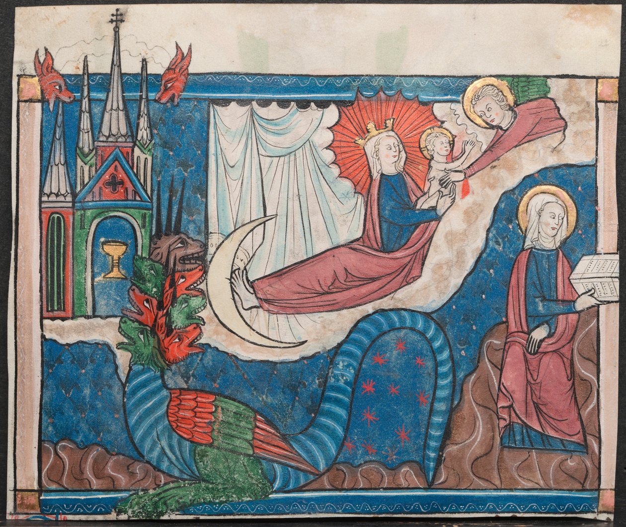 Miniatűr az Apokalipszis kéziratából: A Napba öltözött nő, c. 1295. alkotó: Unbekannt