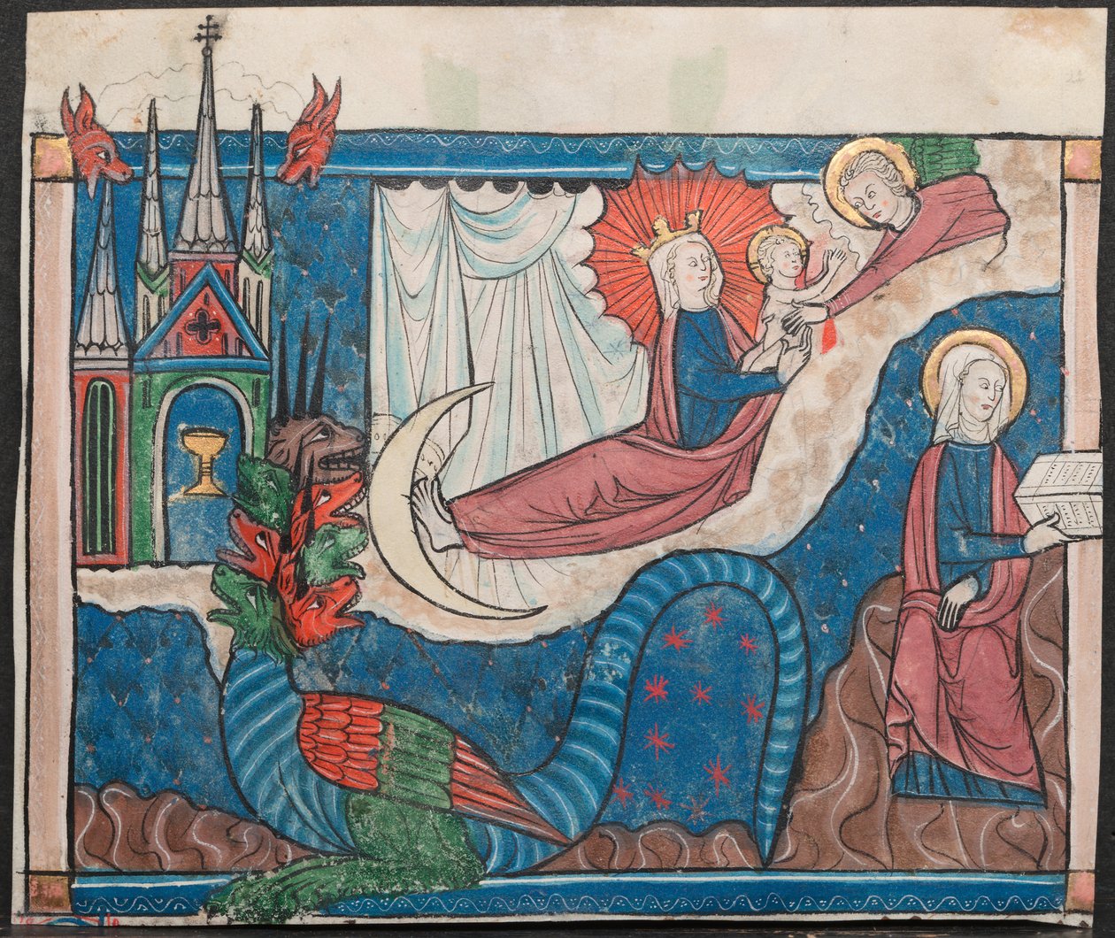 Miniatűr az Apokalipszis kéziratából: A Napba öltözött nő, c. 1295. alkotó: Unbekannt