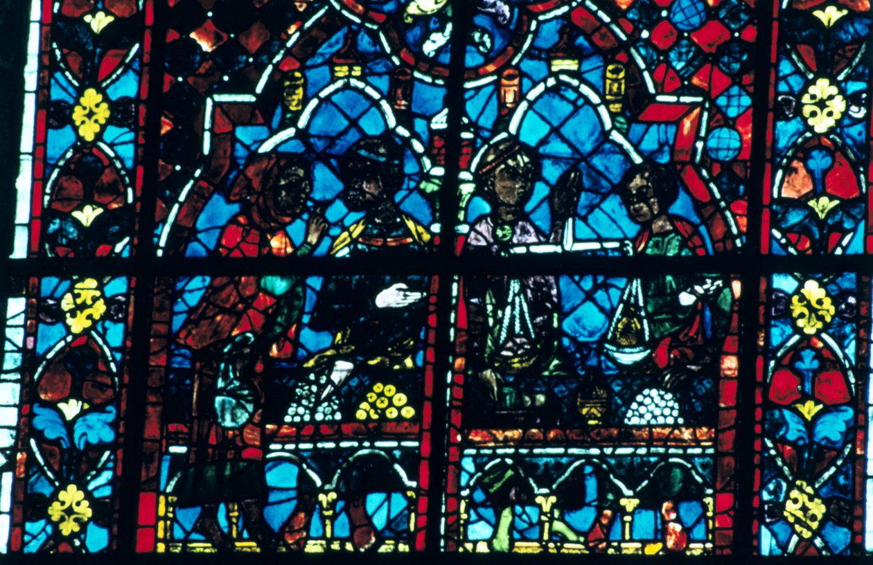 Pénzváltók, ólomüveg, Chartres-i katedrális, Chartres, Franciaország alkotó: Unbekannt
