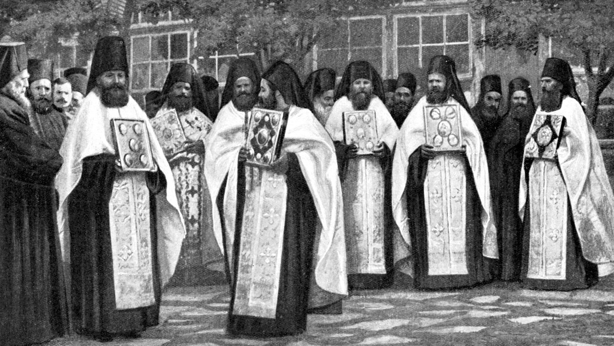 A görög templom szerzetesei a liturgia köteteivel, Görögország, 1922 alkotó: Unbekannt