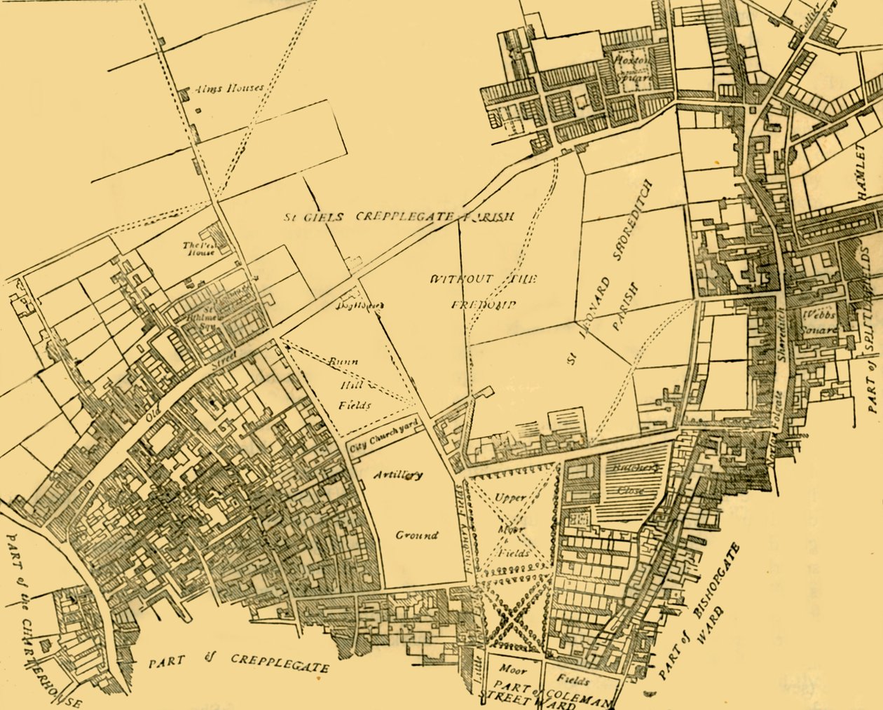 Moorfields és környéke Egy 1720 körüli térképről, 1872 körül. alkotó: Unbekannt