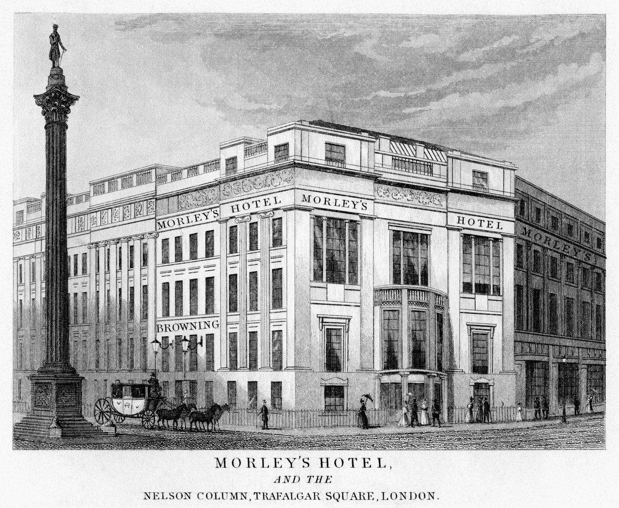 Morleys Hotel és Nelsons oszlop, Trafalgar Square, Westminster, London, 19. század alkotó: Unbekannt