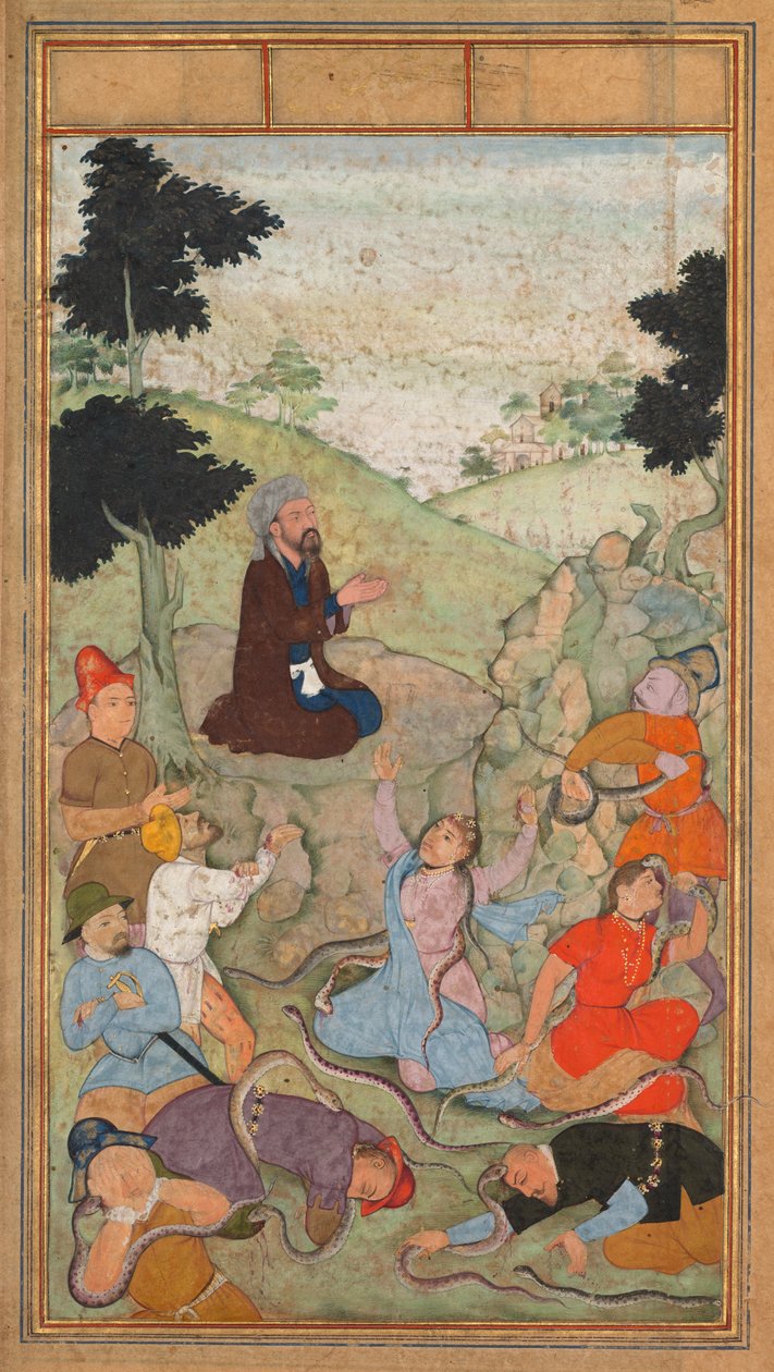 Mózes azért imádkozik, hogy véget vessen az izraeliták elleni kígyók támadásainak, egy Mirat al-qudsból..., 1602-1604. alkotó: Unbekannt