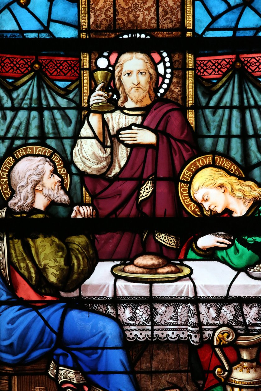 Moulins katedrális. Ólomüveg ablak. Az utolsó vacsora az utolsó étkezés, amelyet Jézus megosztott az apostolaival Jeruzsálemben, 20160603, Moulins, Európa alkotó: Unbekannt