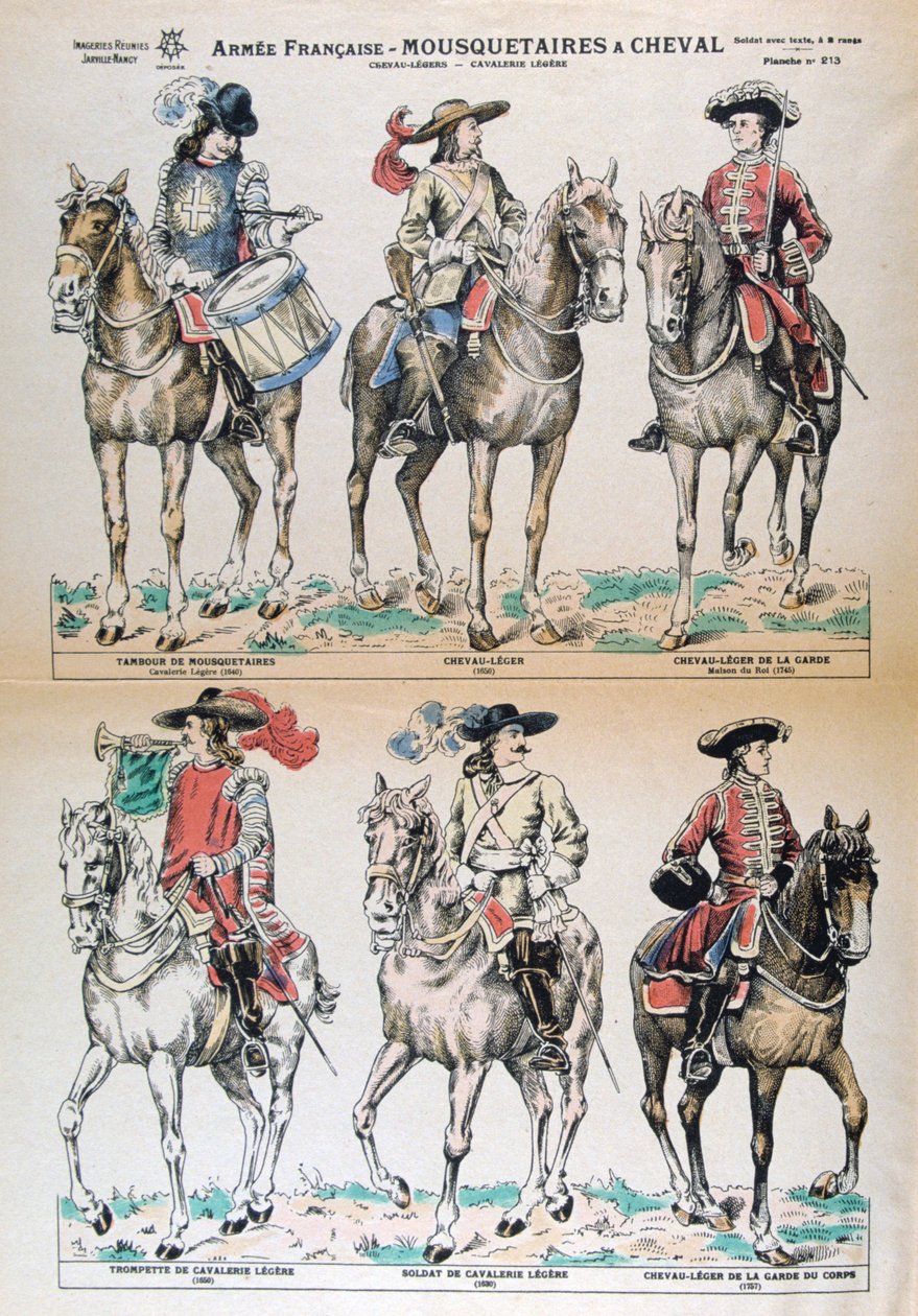 Mousquetaires a Cheval 17. századi. francia hadsereg egyenruhái. Színes Litográfia. Magángyűjtemény alkotó: Unbekannt