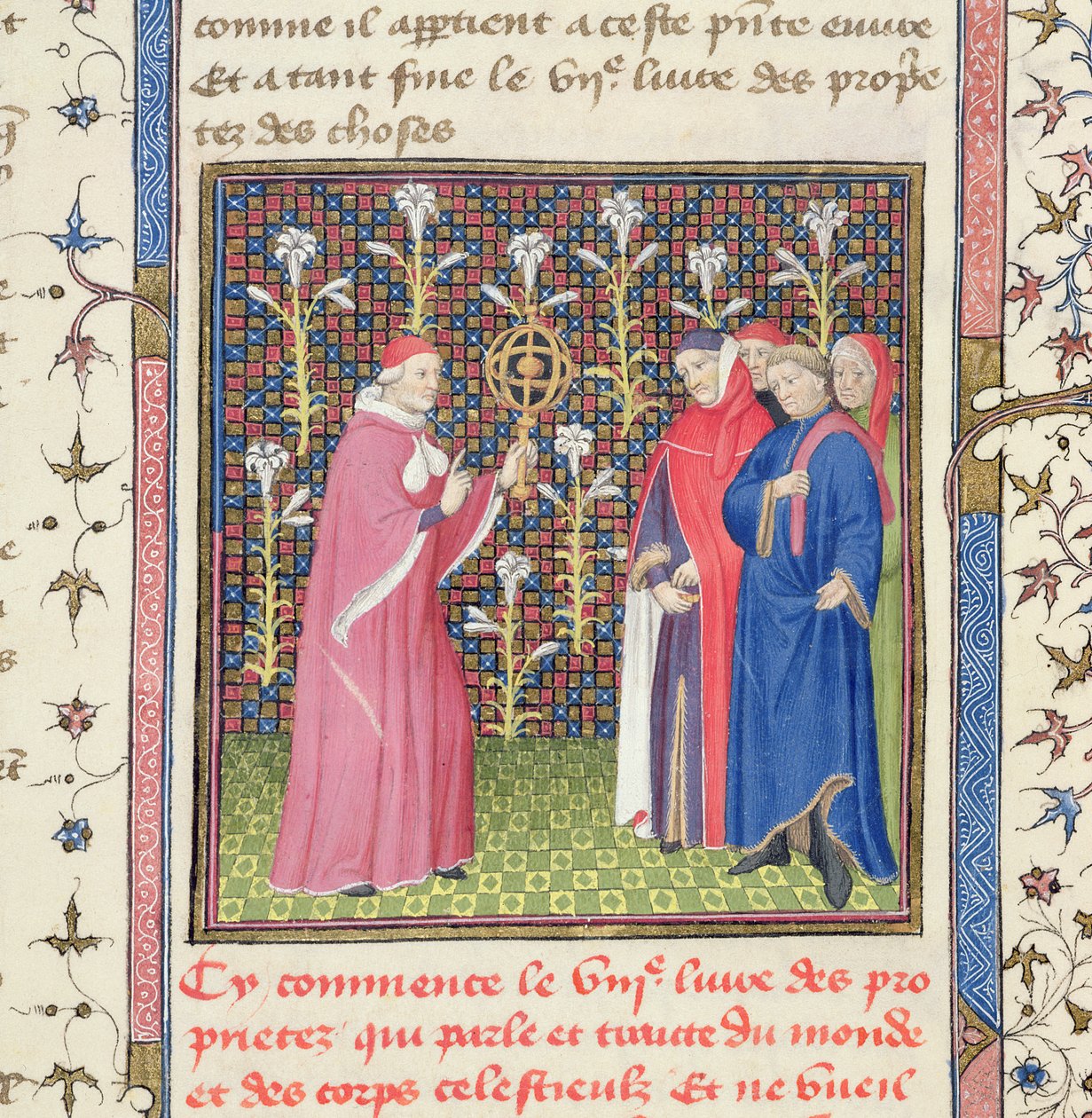Ms 251 f.135r Öt ember, egyikük fegyvergömböt tart, a „Des Proprietez des Choses”-ból, 1415 körül (vellum) alkotó: Unbekannt