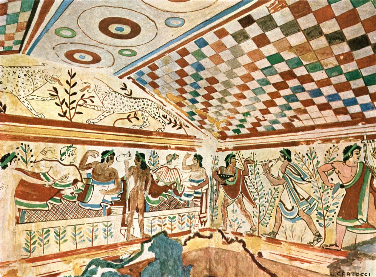 Falfestmény a leopárdok sírjában, Tomba dei Leopardi Tarquiniában, Olaszországban, 1928. alkotó: Unbekannt