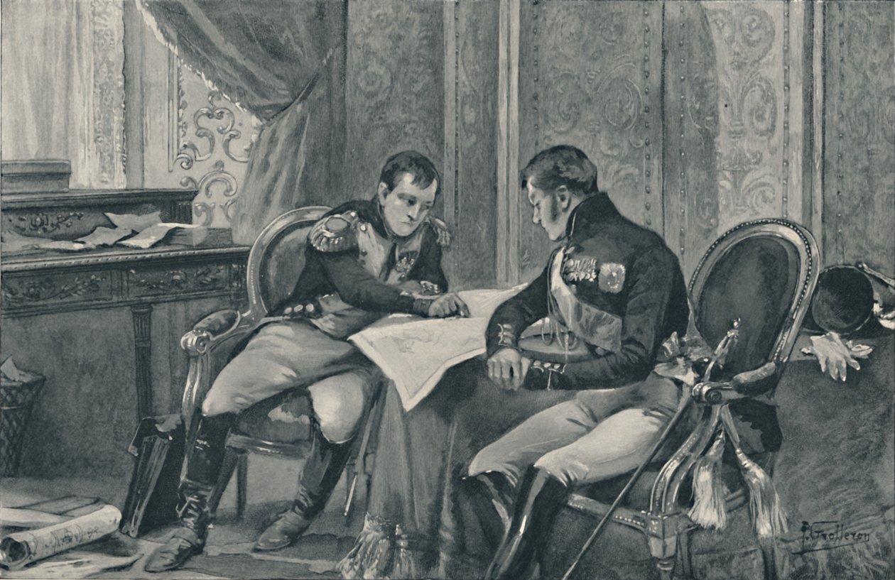 Napóleon és Sándor Tilsitben Európa térképét tanulmányozzák, 1807, 1896 alkotó: Unbekannt