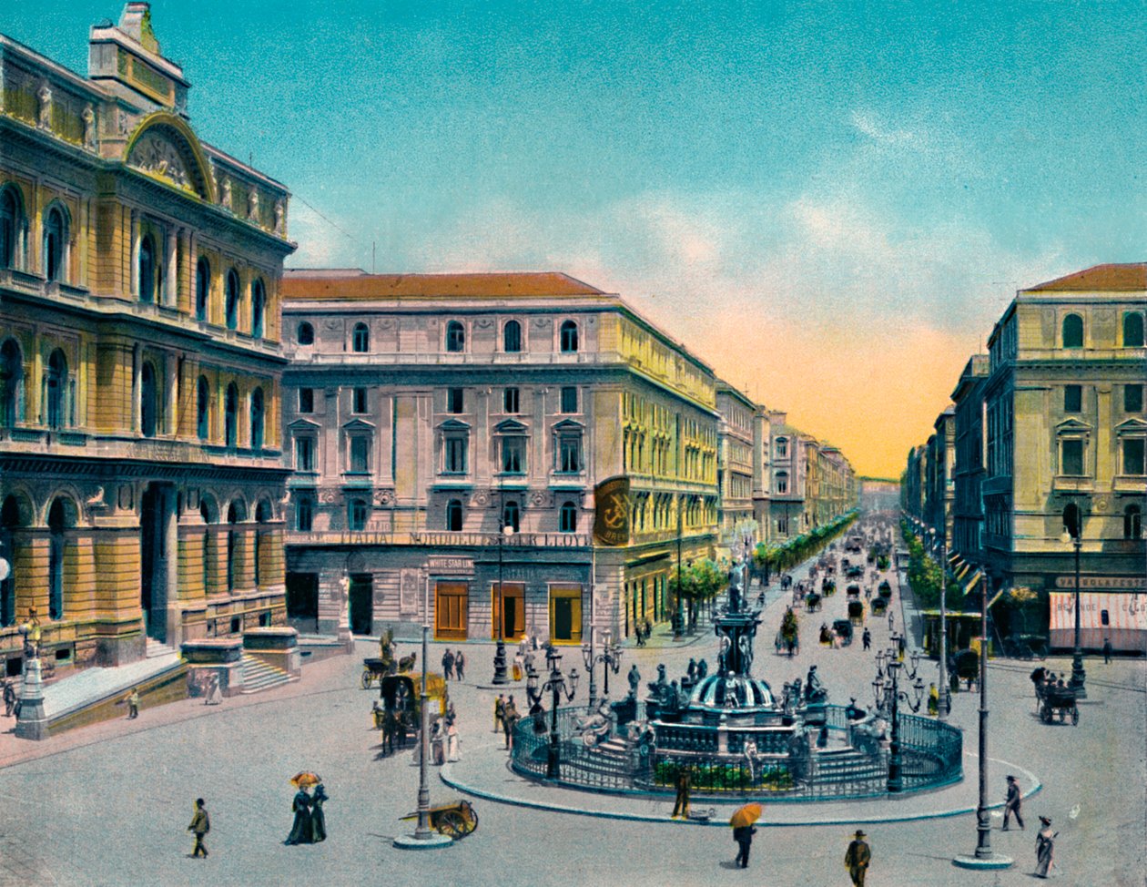 Nápoly - Piazza Borsa Con Fountana Medina, Neptun-kút, 1900. alkotó: Unbekannt