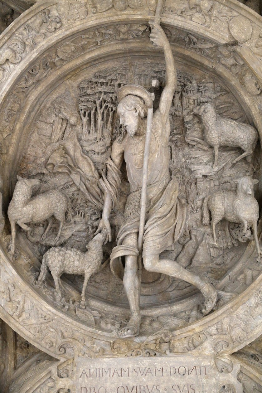 Francia Műemlékek Nemzeti Múzeuma. A Gros Horloge ajtó ládája. A jó pásztor. Szereplők, Párizs, Franciaország alkotó: Unbekannt