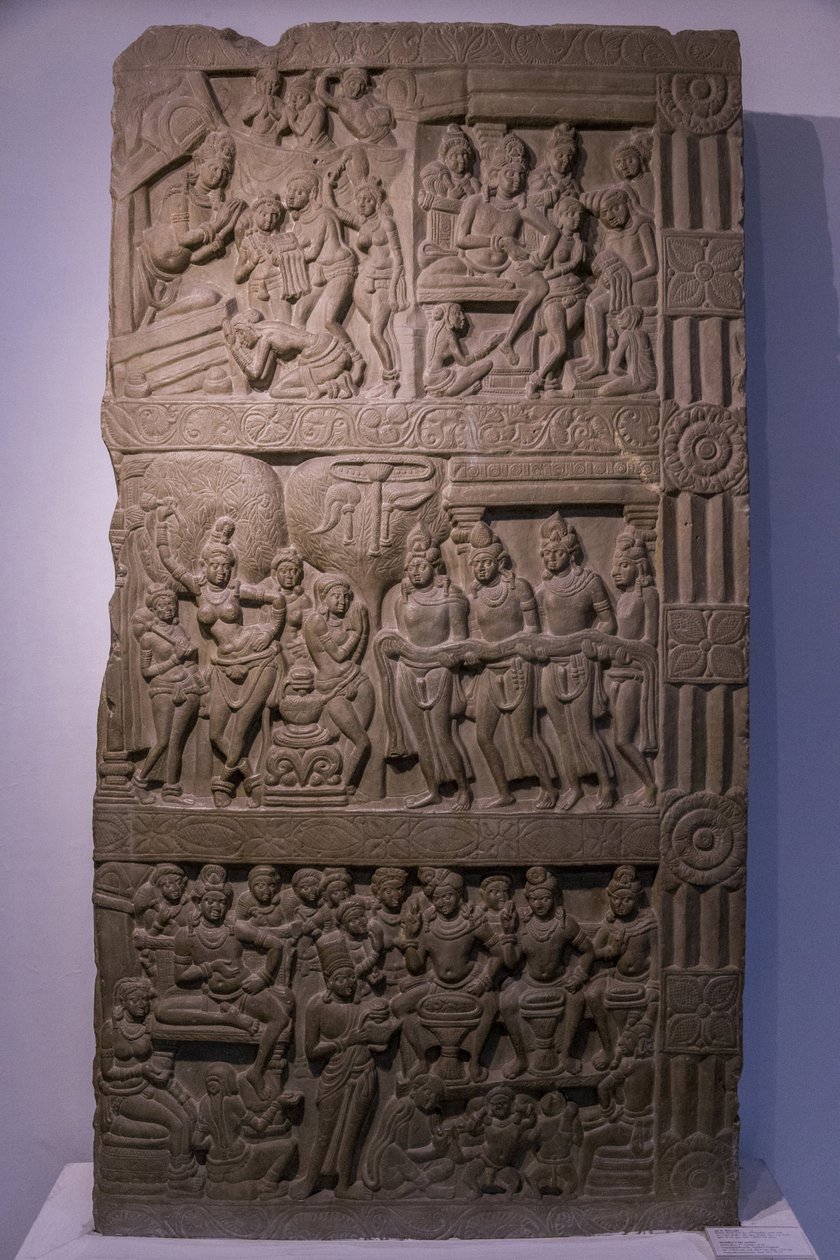 Indiai Nemzeti Múzeum, Delhi. Buddha életjelenetei. Ikshvaku, Kr.u. 3. század Nagarjunakonda, Andhra Pradesh. Szürkés mészkő. Részlet. India. alkotó: Unbekannt