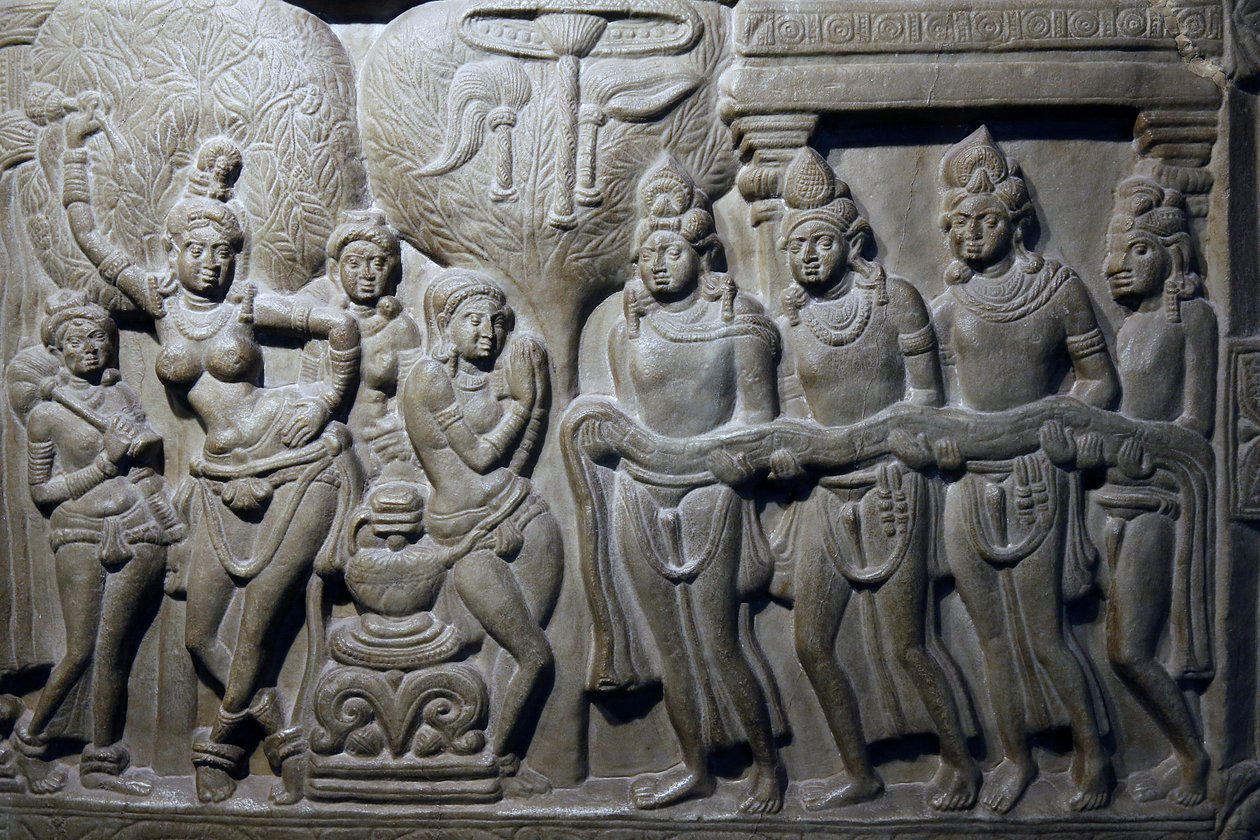 Indiai Nemzeti Múzeum, Delhi. Buddha életjelenetei. Ikshvaku, Kr.u. 3. század Nagarjunakonda, Andhra Pradesh. Szürkés mészkő. Részlet. India. alkotó: Unbekannt