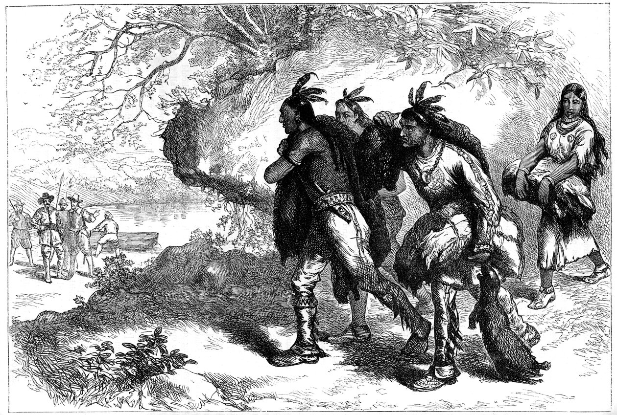 Az amerikai őslakosok hódbőrt hoznak az európai kereskedőknek, 17. század c1880 alkotó: Unbekannt