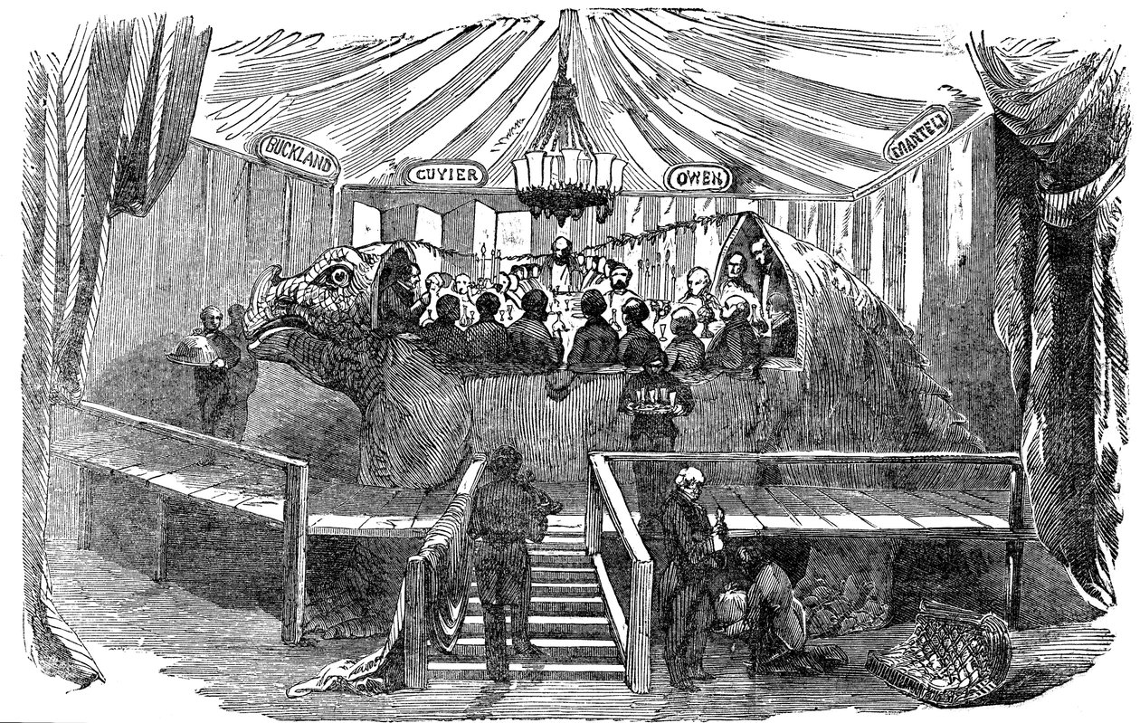 Természettudósok, akik egy dinoszaurusz modelljében vacsoráznak, Crystal Palace, Sydenham, Szilveszter, 1853 alkotó: Unbekannt