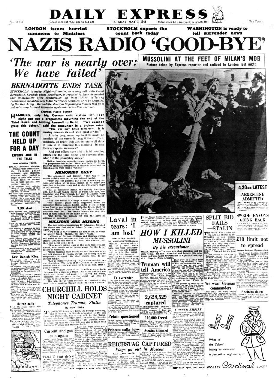 Nácik Rádió Viszlát, a Daily Express címlapja, 1945. május 1 alkotó: Unbekannt