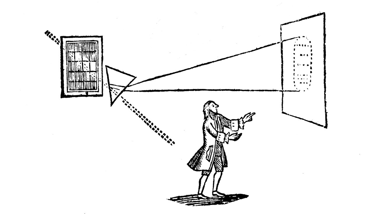 Newtonok kísérlete során a fehér fényt a spektrum színeire osztják fel prizmával, 1757 alkotó: Unbekannt